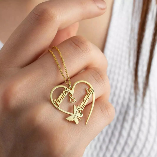 Personalized Heart Name Necklace with Butterfly Design - 24k Gold Plated