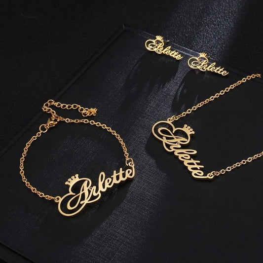 Jewelry Set – Custom Name Necklace, Bracelet & Earrings - 24 Karat Gold Plated