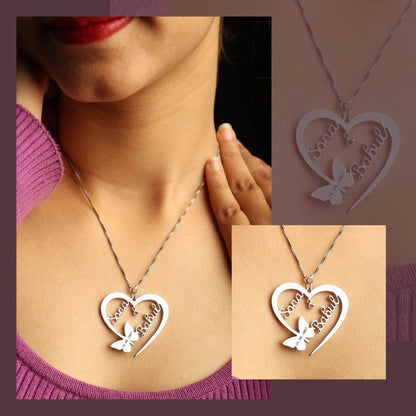 Personalized Heart Name Necklace with Butterfly Design - 24k Gold Plated