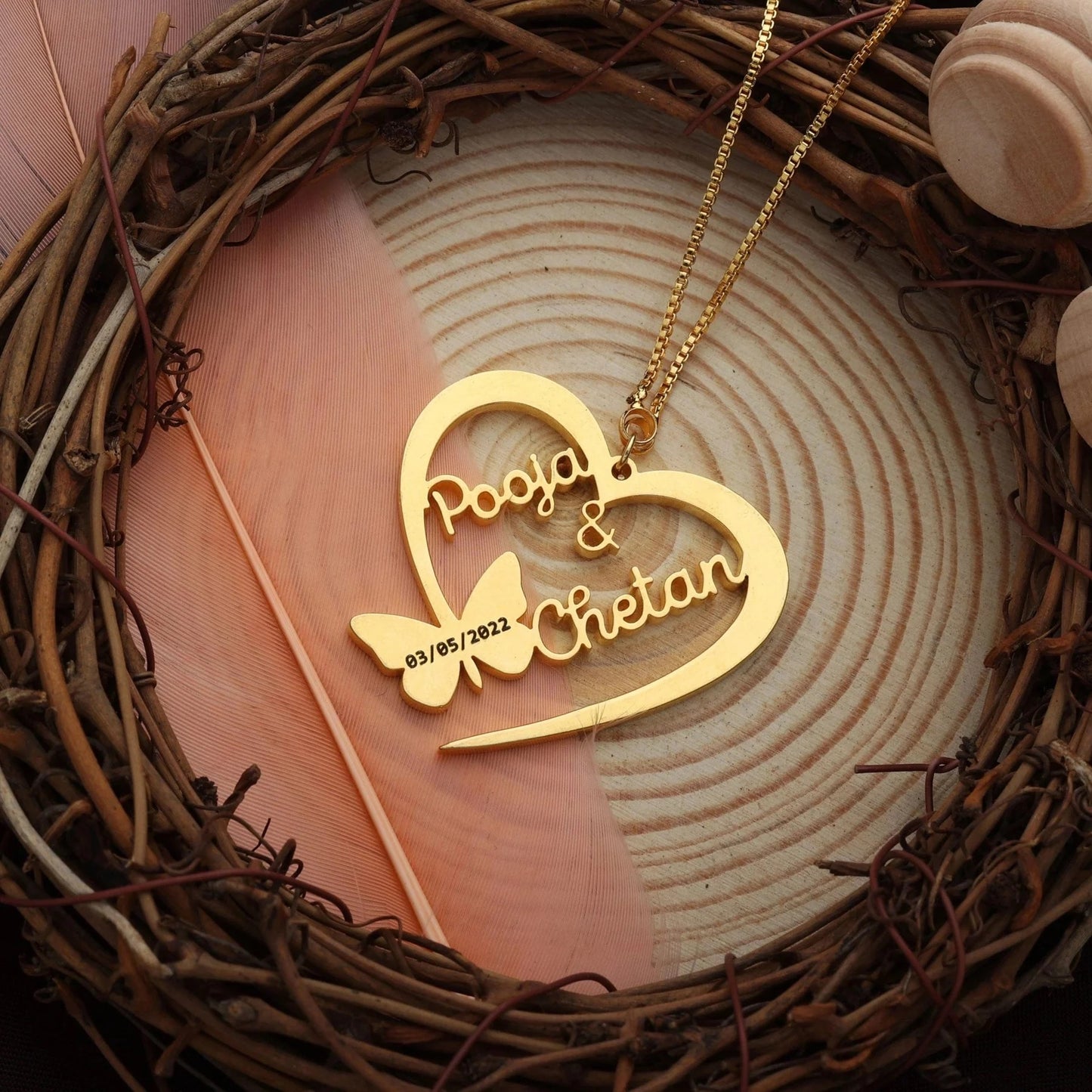 Personalized Heart Name Necklace with Butterfly Design - 24k Gold Plated