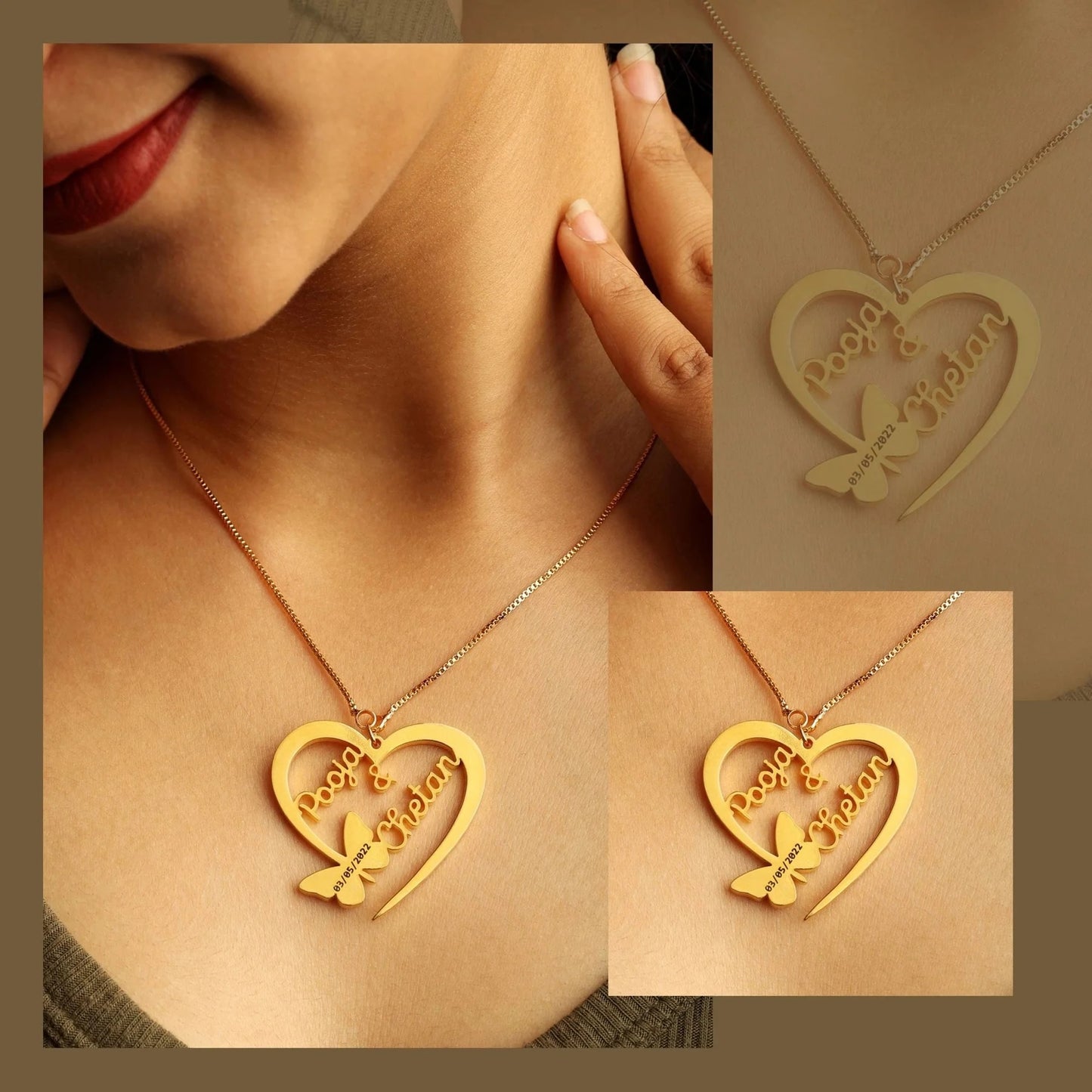 Personalized Heart Name Necklace with Butterfly Design - 24k Gold Plated